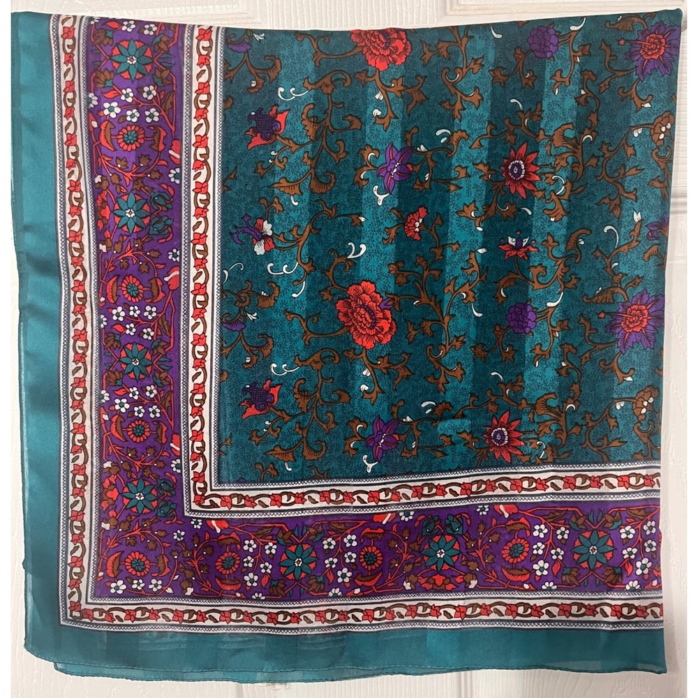 Vintage Berkshire Teal Floral Paisley Square Scarf Jewel Tone Border Print 30x30